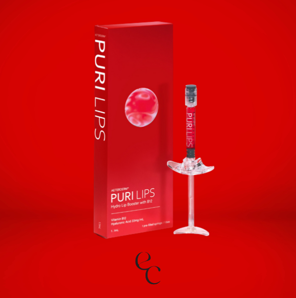 Opakowanie produktu Puri Lips i aplikator na czerwonym tle, Esthetic Central