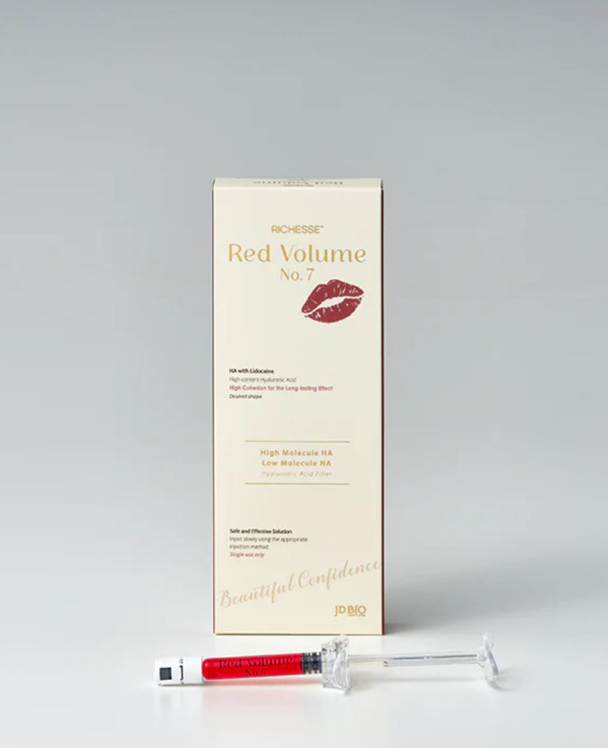 Box of 'Red Volume No.7' with a syringe on a gray background